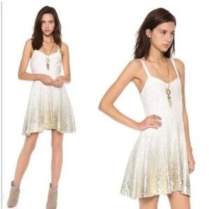 Free People Sleeveless Ivory and Gold Ombre Foil Lace Fit and Flare Dress